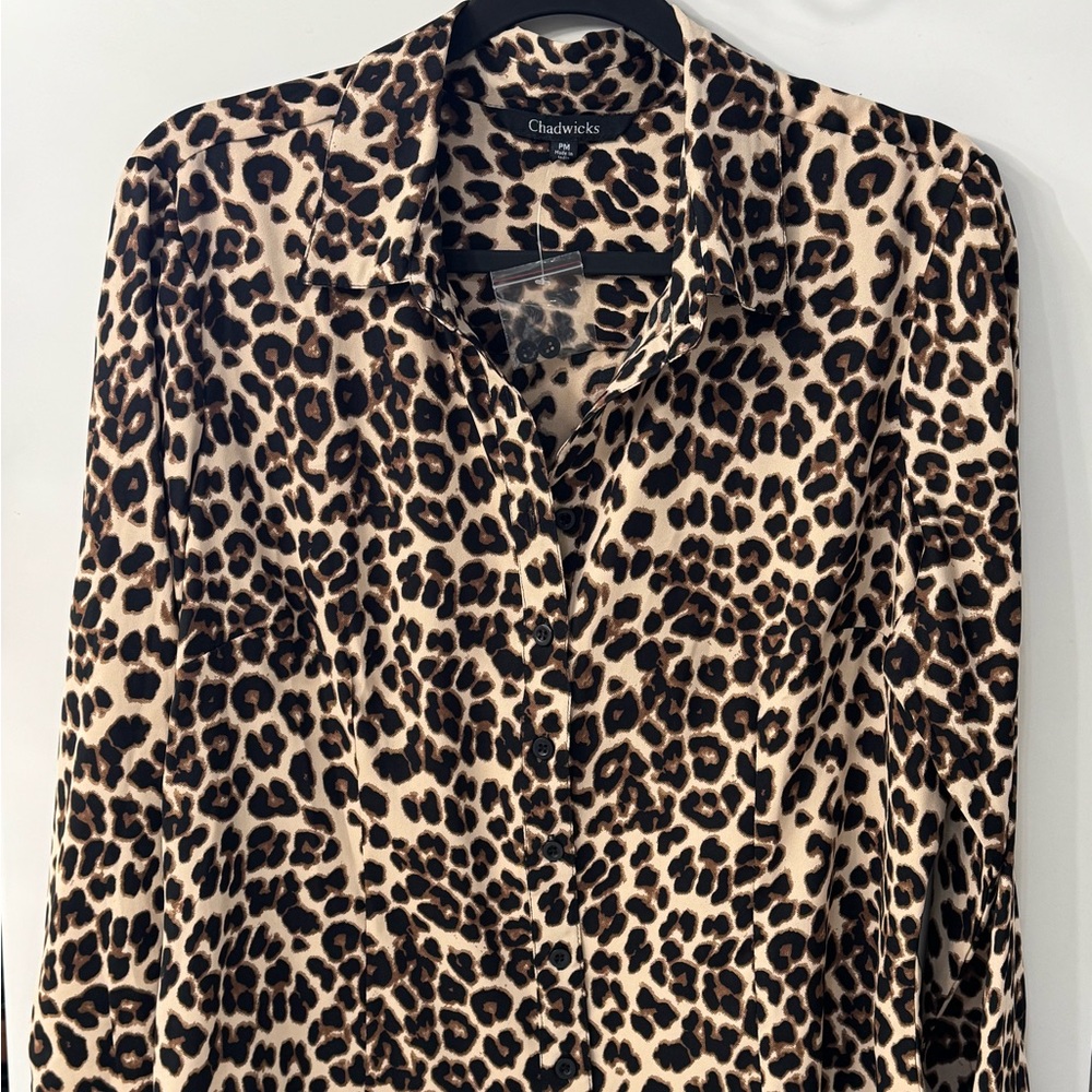 Chadwicks Leopard Print Button-Down Blouse - Beige/Brown Size Petite Medium